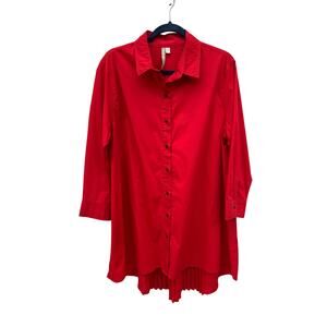 Comfy USA Pleated Back 3/4 Sleeve Button Up Blouse Tunic Oversized Size XL Red